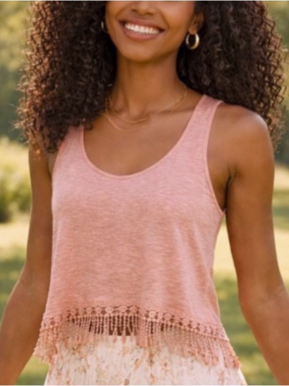 Crisscross Fringe Hem Sleeveless Top - Dusty Peach - size Small